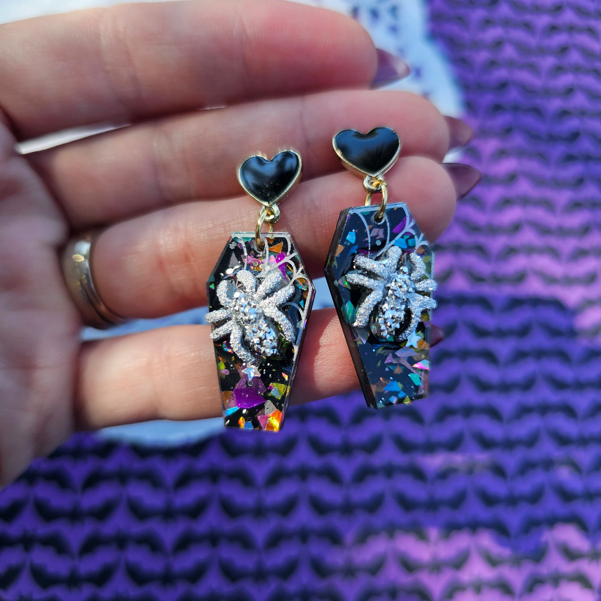 Glittery Coffin Earrings | Halloween Earrings | Spiderweb Earrings | Spooky Earrings