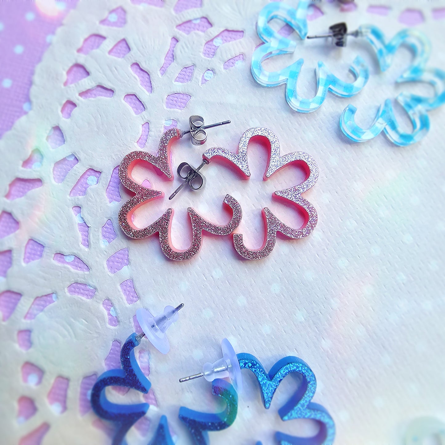 Mini Gingham Daisy Hoops | Pastel Earrings | Statement Hoop Earrings | 90s Earrings | Chunky Earrings | Gyaru Earrings
