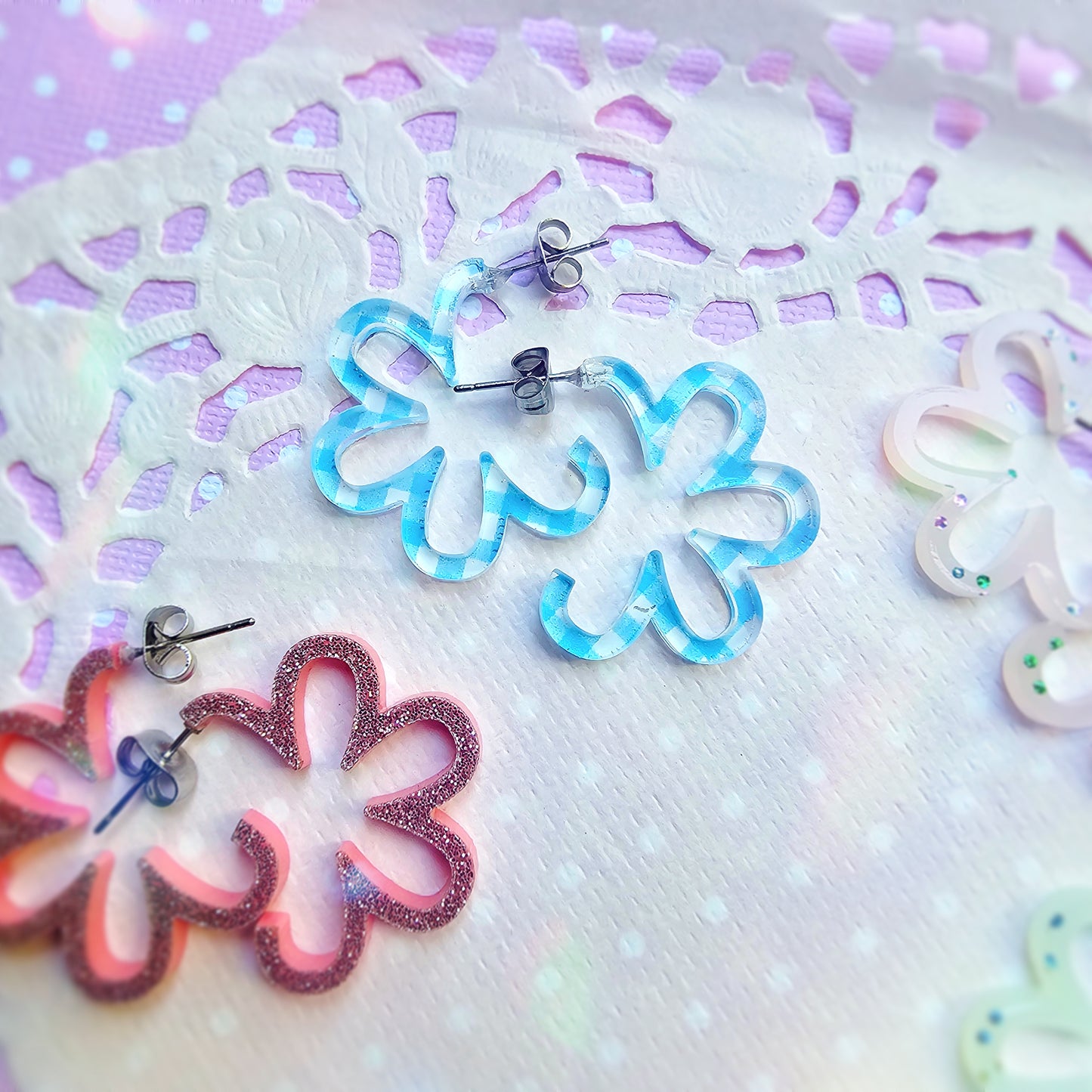 Mini Gingham Daisy Hoops | Pastel Earrings | Statement Hoop Earrings | 90s Earrings | Chunky Earrings | Gyaru Earrings