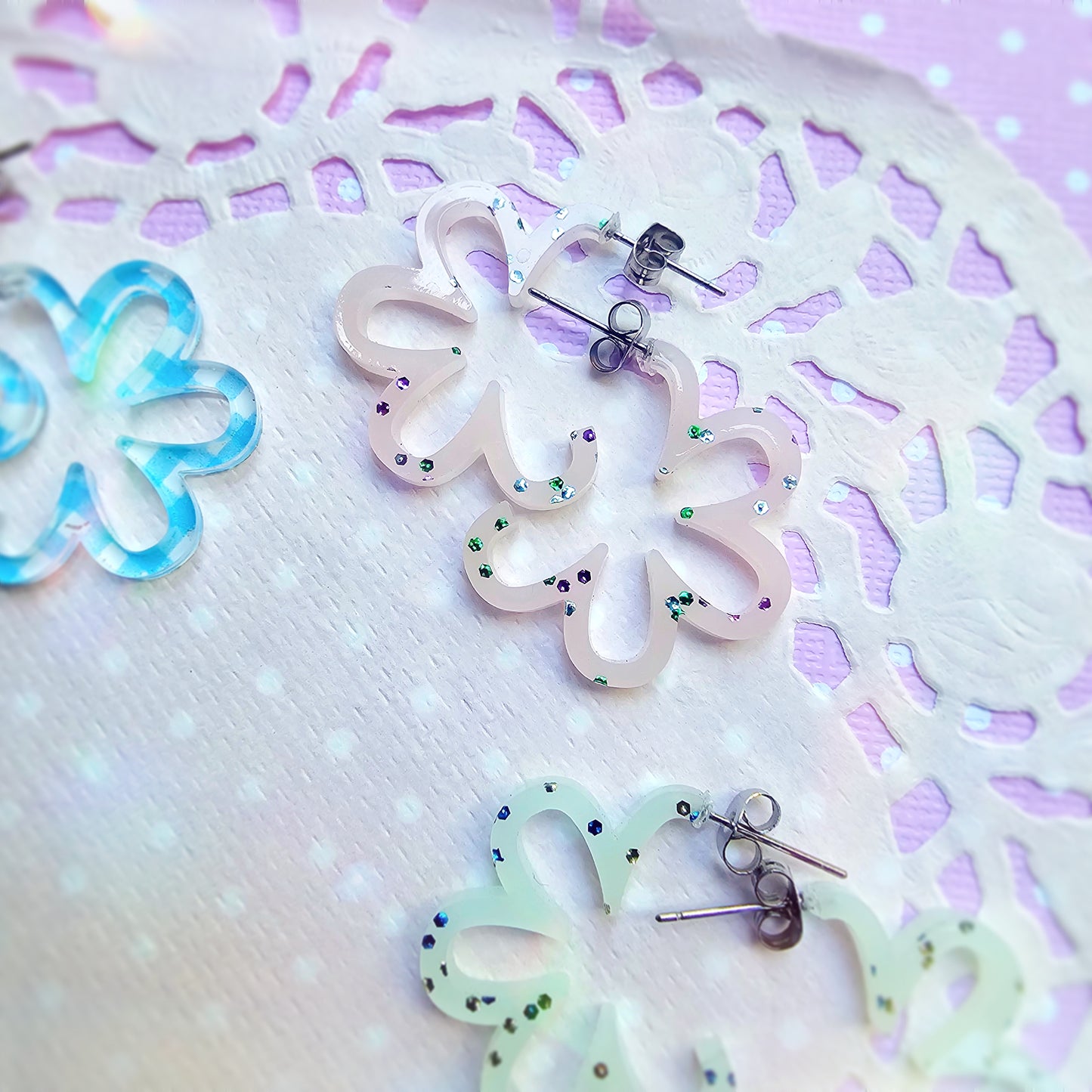 Mini Gingham Daisy Hoops | Pastel Earrings | Statement Hoop Earrings | 90s Earrings | Chunky Earrings | Gyaru Earrings