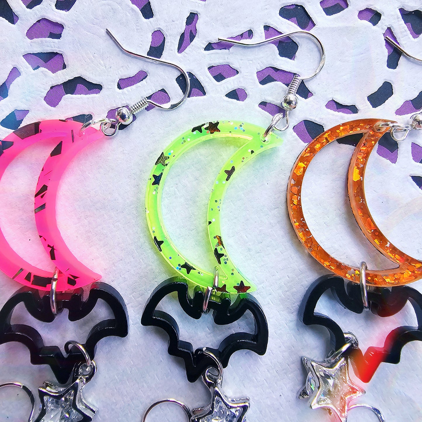 Neon Halloween Shape Earrings | Halloween Earrings | Moon Earrings | Bat Earrings | Gothic Halloween