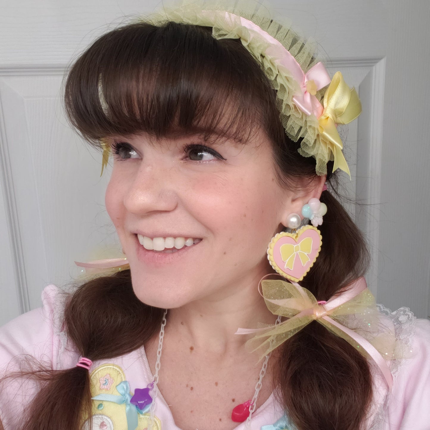 Pink and Yellow Heart Earrings | Scalloped Heart | Pink Heart | Sweet Lolita Earrings | Yume Kawaii Earrings | Pink Bow | Yellow Bow