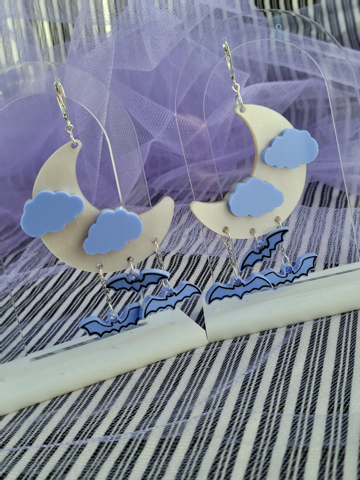 Pearly White Moon Earrings | Pastel Goth Earrings | Halloween Earrings | Spooky Bat Earrings | Moon Chandelier Earrings | Gothic Lolita Earrings