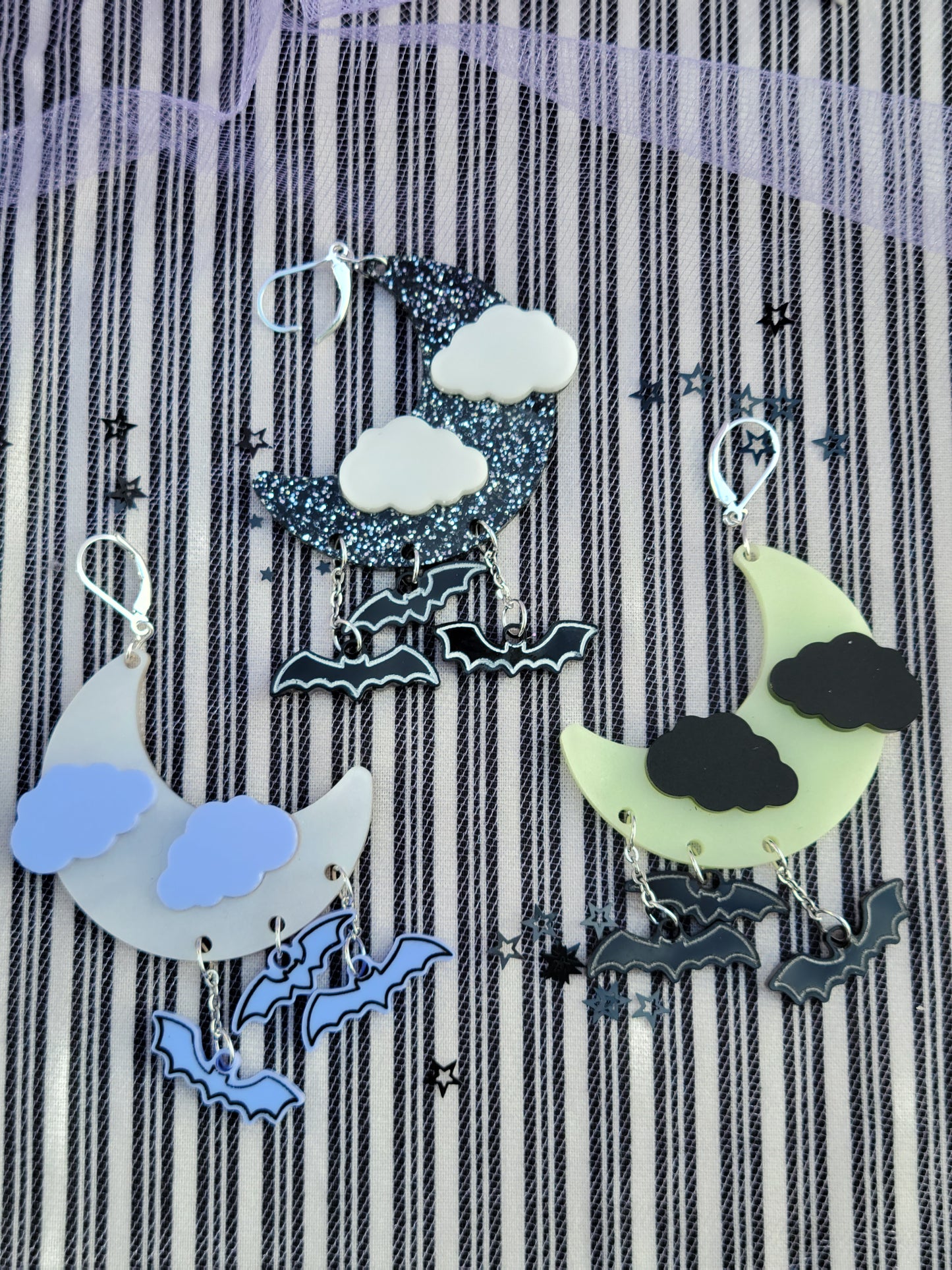 Pearly White Moon Earrings | Pastel Goth Earrings | Halloween Earrings | Spooky Bat Earrings | Moon Chandelier Earrings | Gothic Lolita Earrings