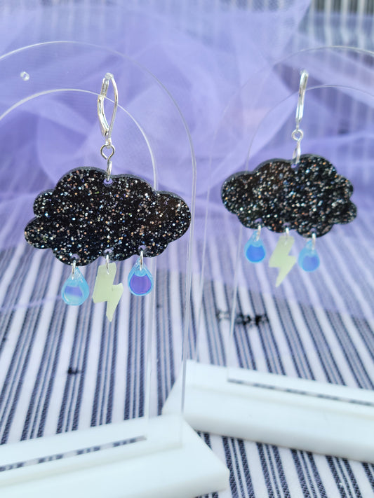 Storm Cloud Earrings | Sparkly Cloud | Black Clouds | Dark Sky Earrings | Thunderbolt Earrings | Stormy Earrings