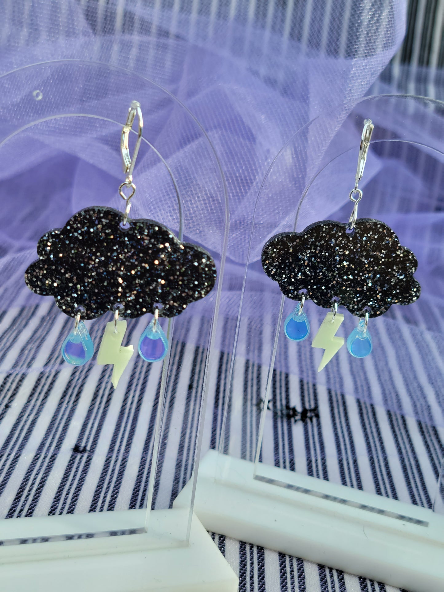Storm Cloud Earrings | Sparkly Cloud | Black Clouds | Dark Sky Earrings | Thunderbolt Earrings | Stormy Earrings