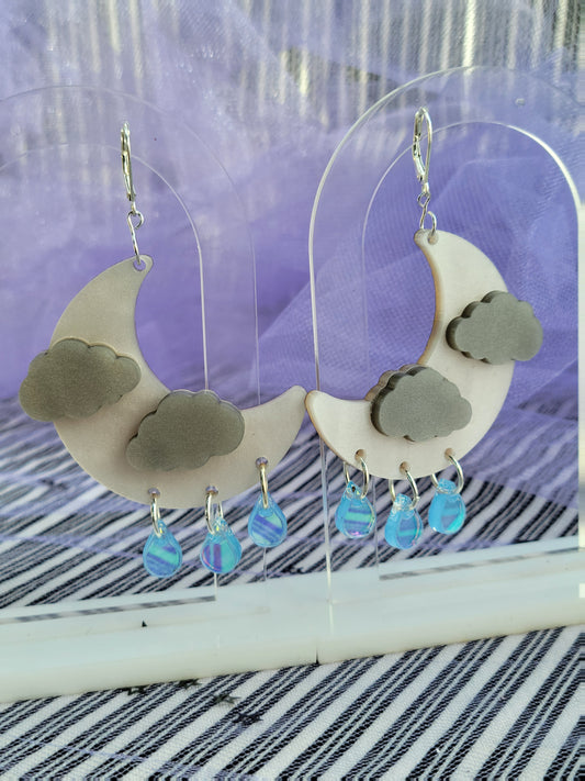 Rainy Moon Earrings | Rain Cloud Earrings | Summer Earrings | Moon Chandelier Earrings