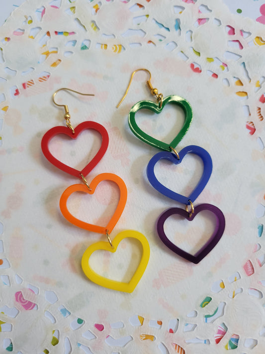 Rainbow Decora Kei Earrings | Rainbow Heart Earrings | Rainbow Earrings | Decora Earrings | Bright Hearts | Heart Dangling Earrings