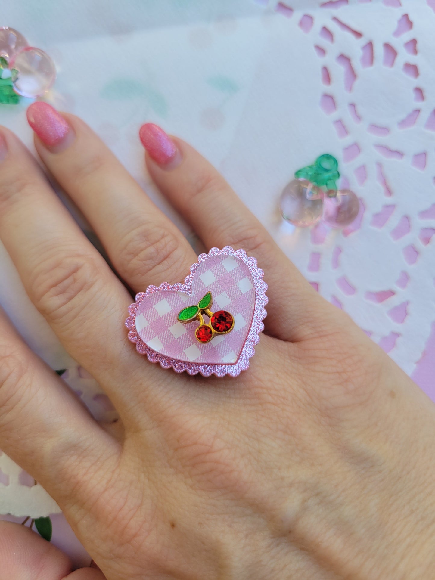 Black Gingham Ring | Sweet Cherry Ring | Red Cherry | Summer Ring | Classic Lolita Ring