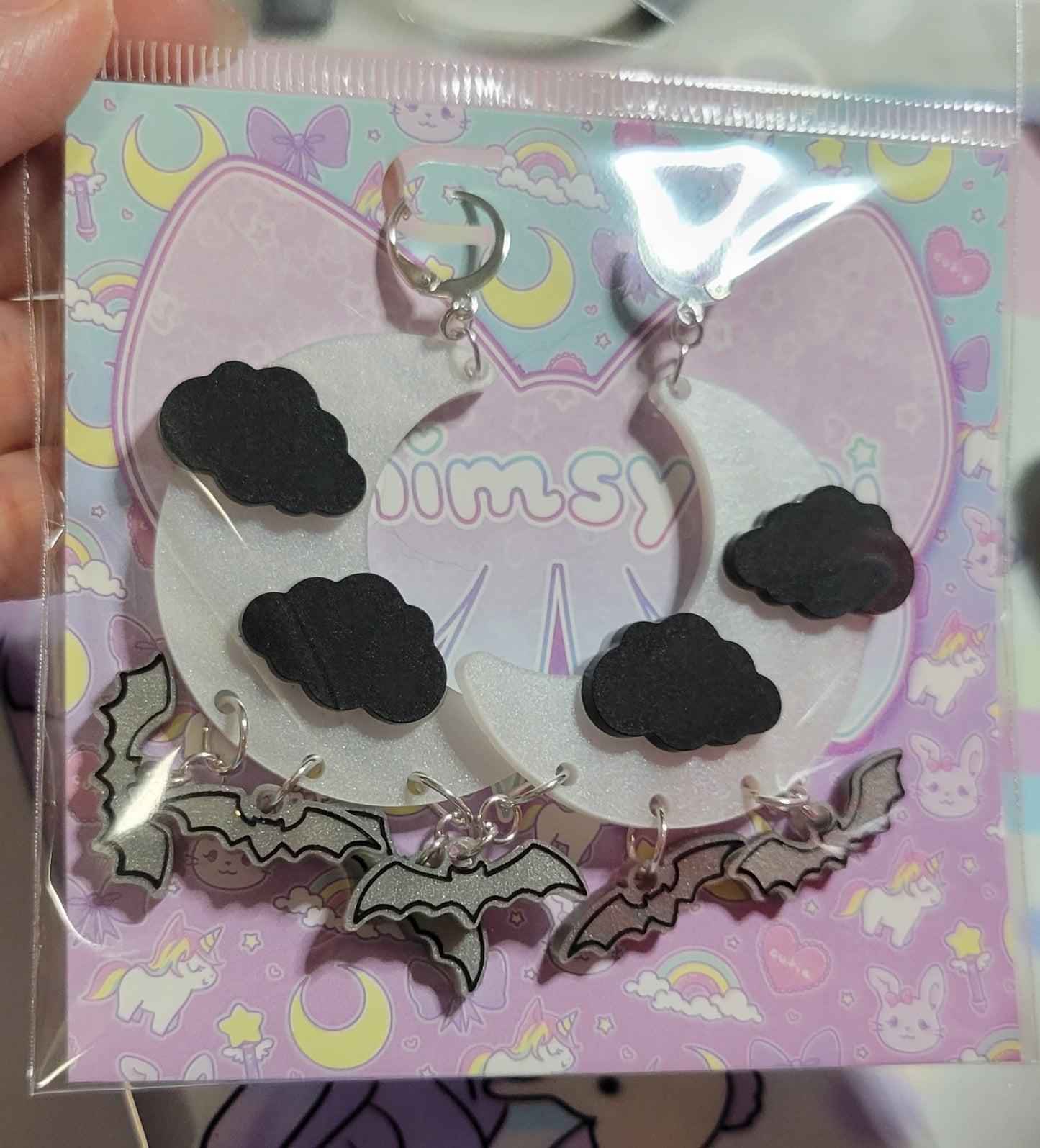 Pearly White Moon Earrings | Pastel Goth Earrings | Halloween Earrings | Spooky Bat Earrings | Moon Chandelier Earrings | Gothic Lolita Earrings