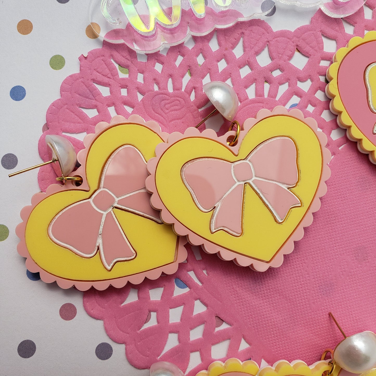 Pink and Yellow Heart Earrings | Scalloped Heart | Pink Heart | Sweet Lolita Earrings | Yume Kawaii Earrings | Pink Bow | Yellow Bow
