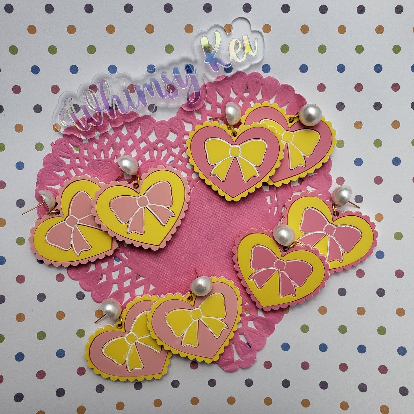 Pink and Yellow Heart Earrings | Scalloped Heart | Pink Heart | Sweet Lolita Earrings | Yume Kawaii Earrings | Pink Bow | Yellow Bow