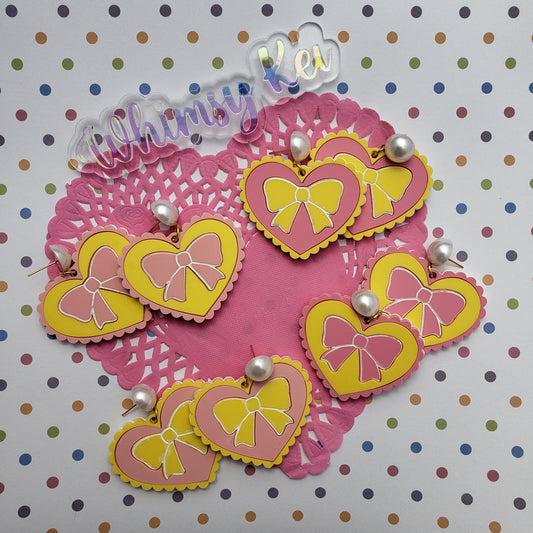 Pink and Yellow Heart Earrings | Scalloped Heart  | Pink Heart | Sweet Lolita Earrings | Yume Kawaii Earrings | Pink Bow | Yellow Bow