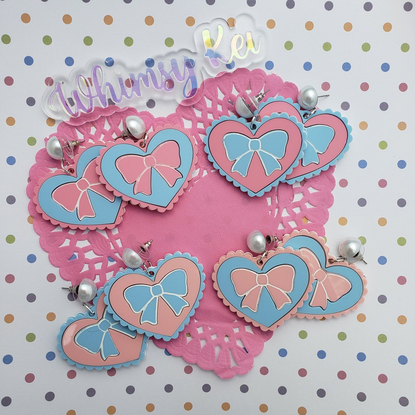 Pink and Blue Heart Earrings | Scalloped Heart | Pink Heart | Sweet Lolita Earrings | Yume Kawaii Earrings | Pink Bow | Blue Bow