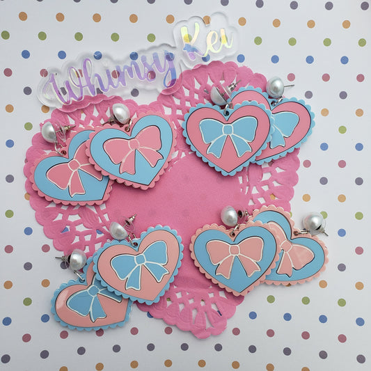 Pink and Blue Heart Earrings | Scalloped Heart  | Pink Heart | Sweet Lolita Earrings | Yume Kawaii Earrings | Pink Bow | Blue Bow