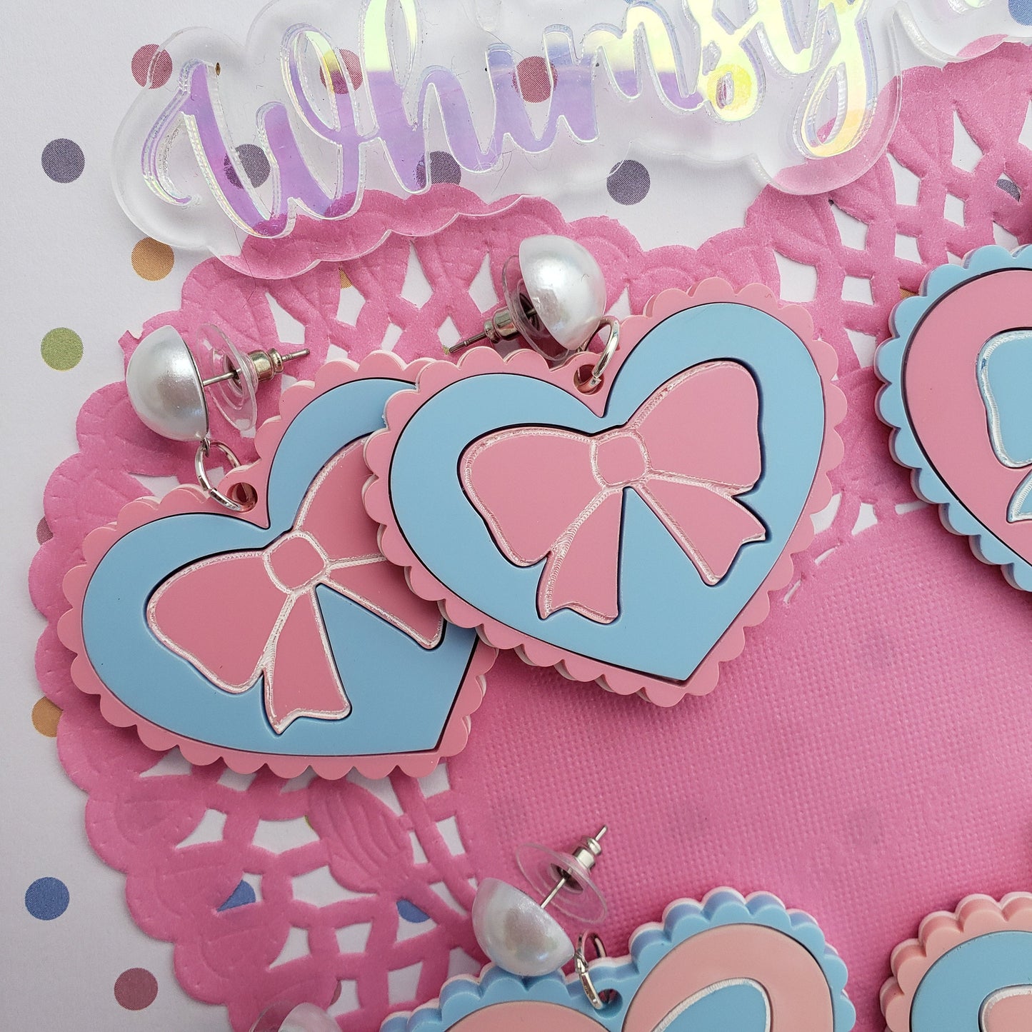 Pink and Blue Heart Earrings | Scalloped Heart | Pink Heart | Sweet Lolita Earrings | Yume Kawaii Earrings | Pink Bow | Blue Bow