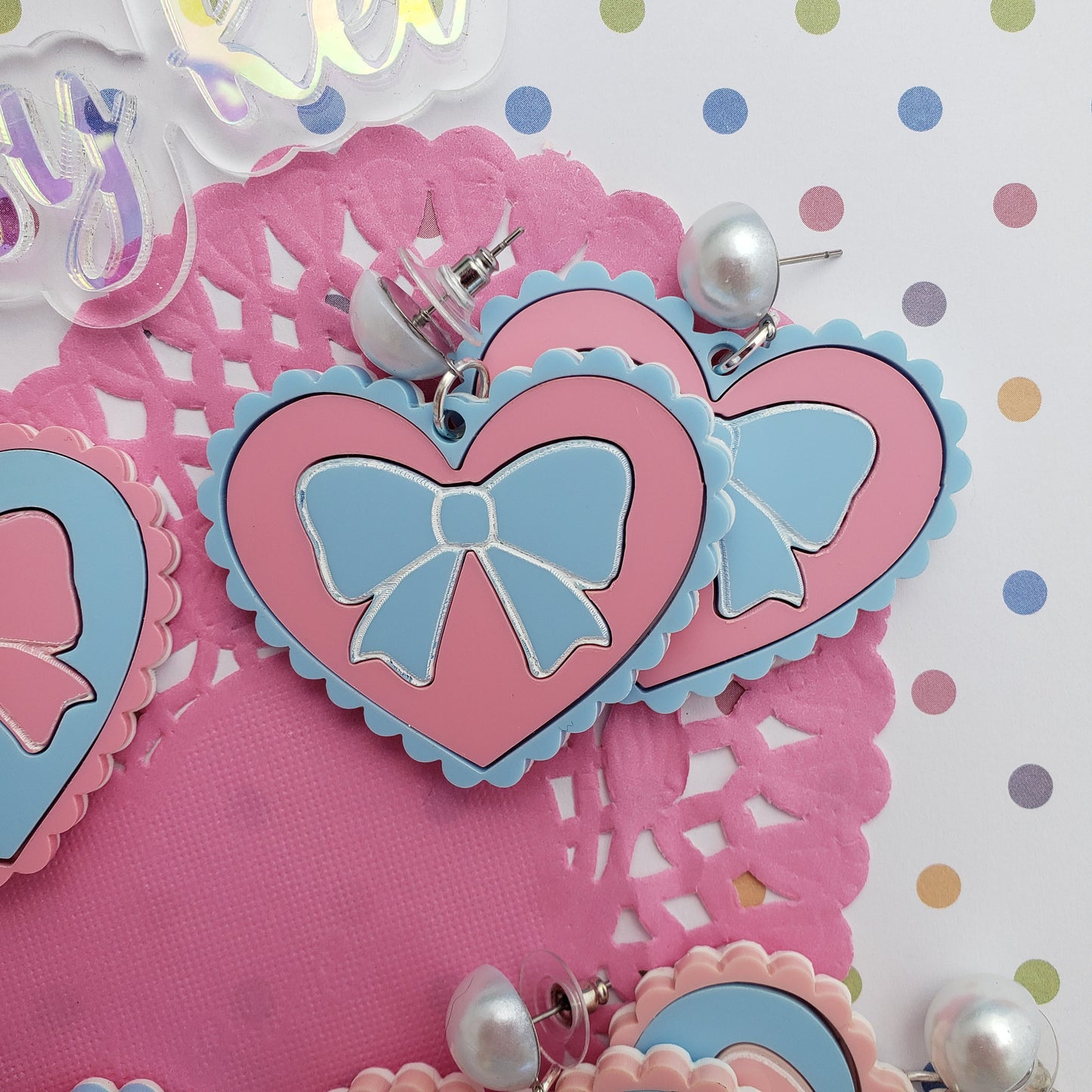 Pink and Blue Heart Earrings | Scalloped Heart | Pink Heart | Sweet Lolita Earrings | Yume Kawaii Earrings | Pink Bow | Blue Bow