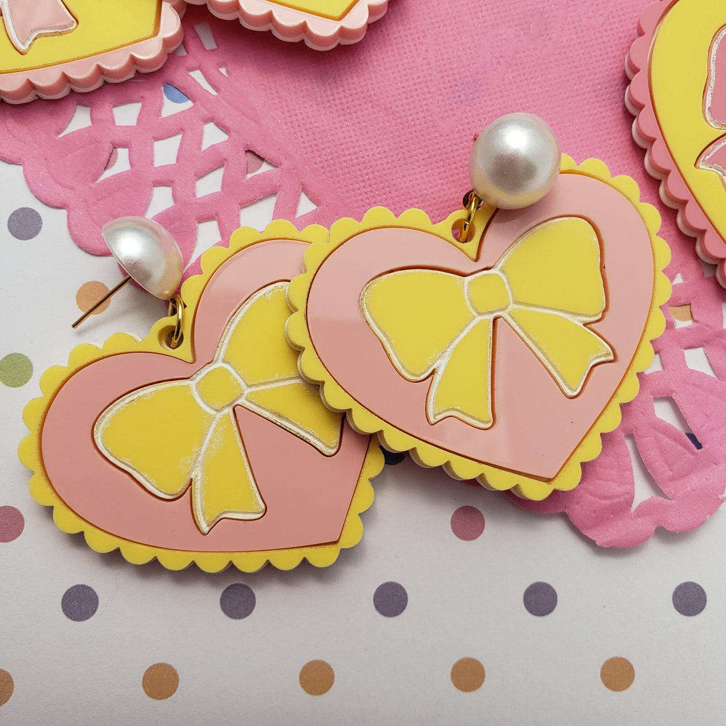 Pink and Yellow Heart Earrings | Scalloped Heart | Pink Heart | Sweet Lolita Earrings | Yume Kawaii Earrings | Pink Bow | Yellow Bow