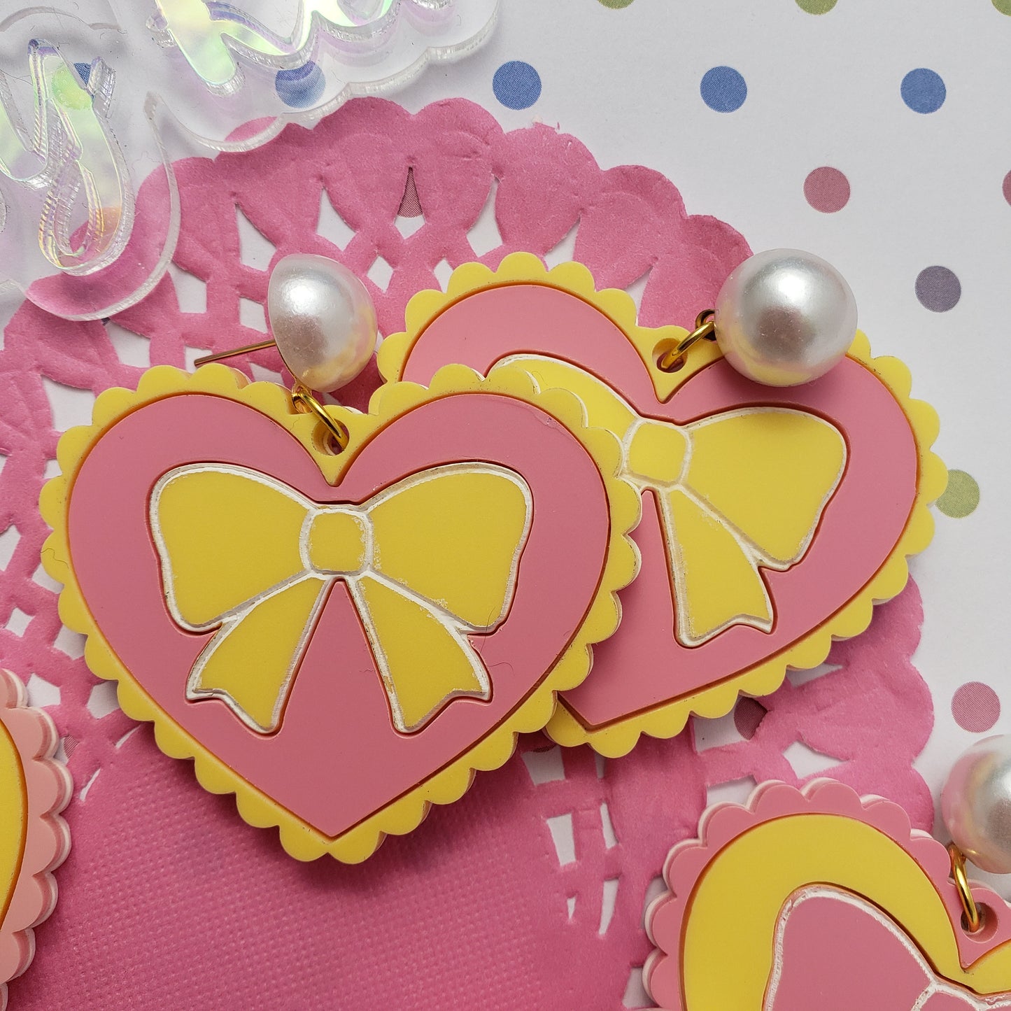 Pink and Yellow Heart Earrings | Scalloped Heart | Pink Heart | Sweet Lolita Earrings | Yume Kawaii Earrings | Pink Bow | Yellow Bow
