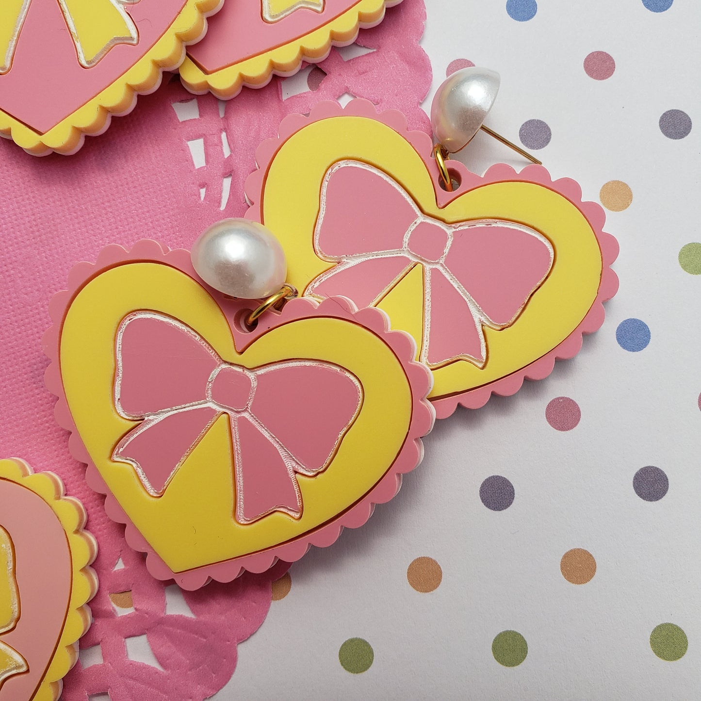 Pink and Yellow Heart Earrings | Scalloped Heart | Pink Heart | Sweet Lolita Earrings | Yume Kawaii Earrings | Pink Bow | Yellow Bow