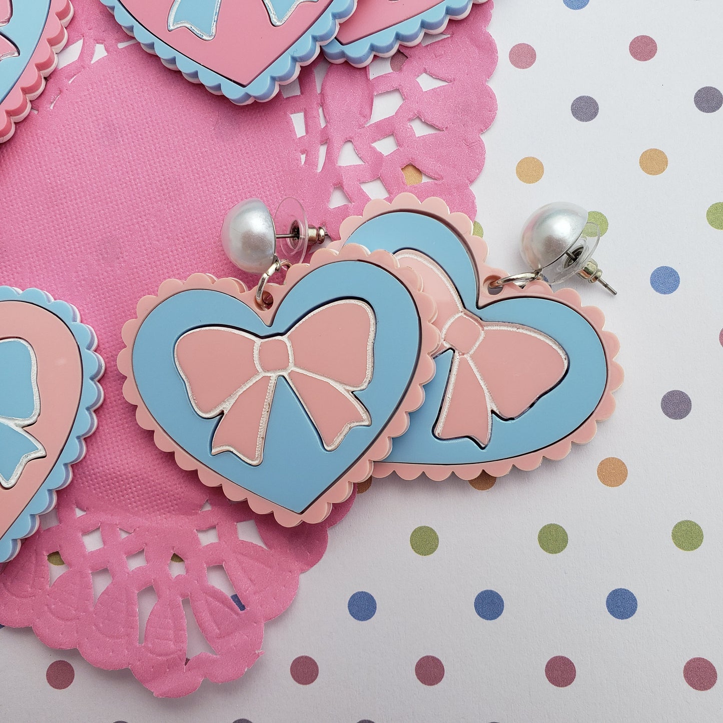 Pink and Blue Heart Earrings | Scalloped Heart | Pink Heart | Sweet Lolita Earrings | Yume Kawaii Earrings | Pink Bow | Blue Bow