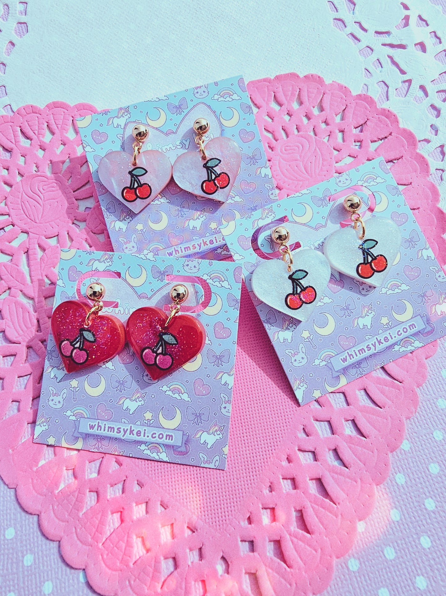 Cherry Heart Stud Earrings | Larme Kei Earrings | Girly Kei | Dolly Kei | Sweet Lolita Earrings