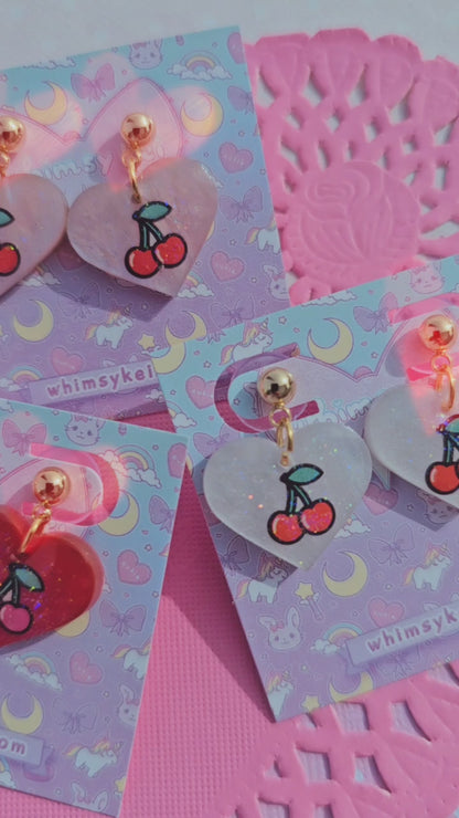 Cherry Heart Stud Earrings | Larme Kei Earrings | Girly Kei | Dolly Kei | Sweet Lolita Earrings