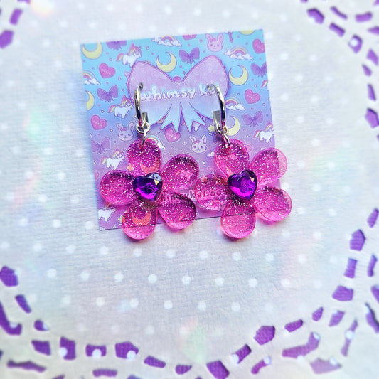Pink Daisy Earrings | Pink Flower Earrings | Glitter Earrings | Spring Earrings | Summer Earrings (Copy)