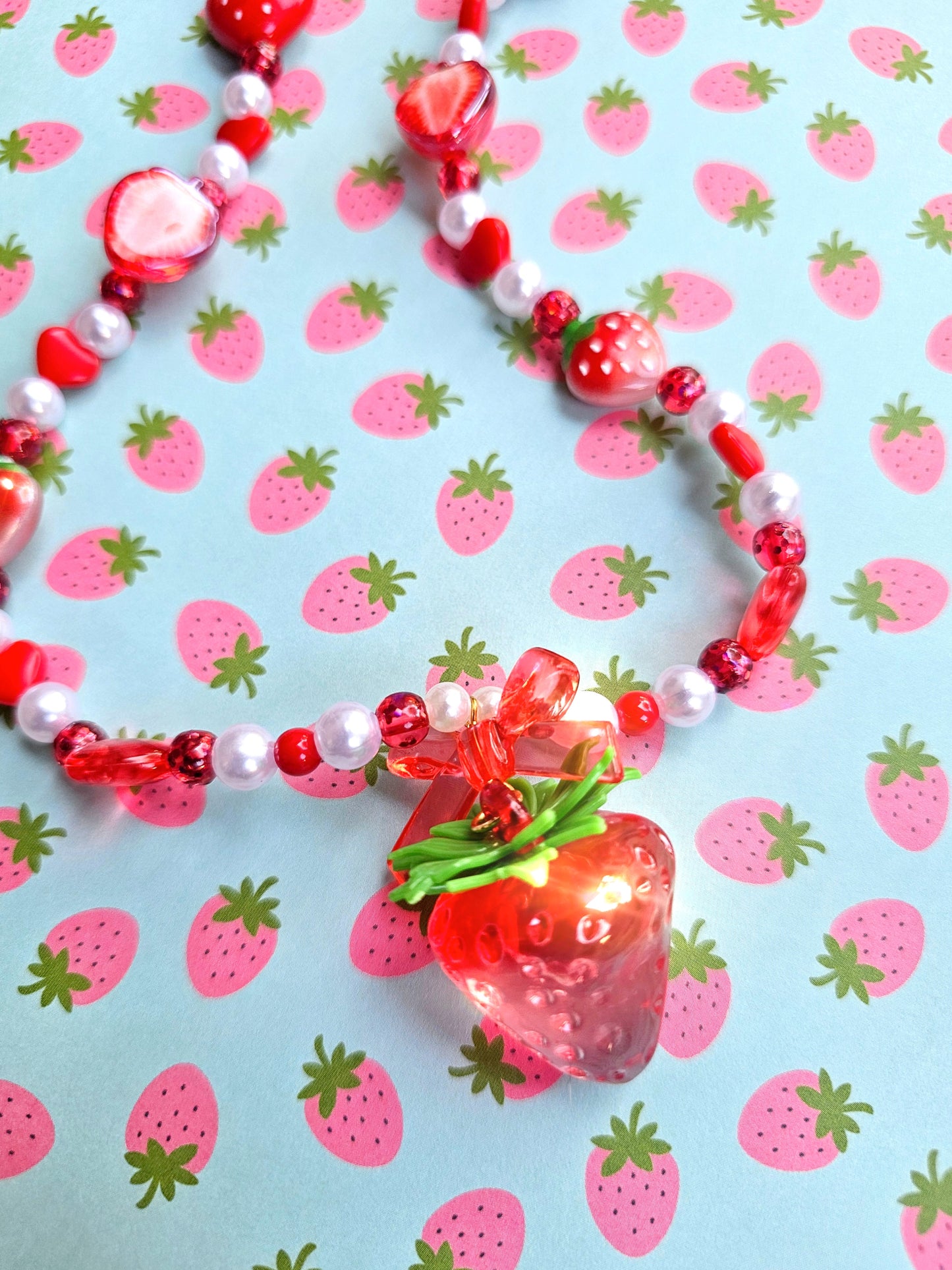 Beaded Strawberry Necklace | Pastel Red Necklace | Red Heart Necklace | Cottage Core Necklace | Classic Lolita Necklace