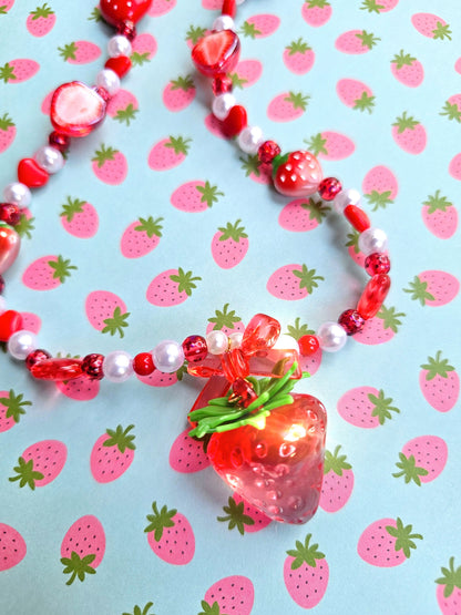 Beaded Strawberry Necklace | Pastel Red Necklace | Red Heart Necklace | Cottage Core Necklace | Classic Lolita Necklace