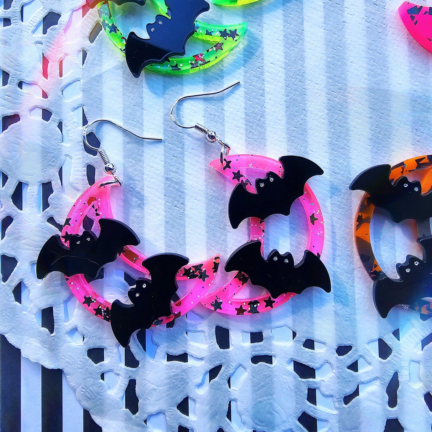 Neon Moon Earrings | Halloween Earrings | Moon Earrings | Bat Earrings | Neon Halloween