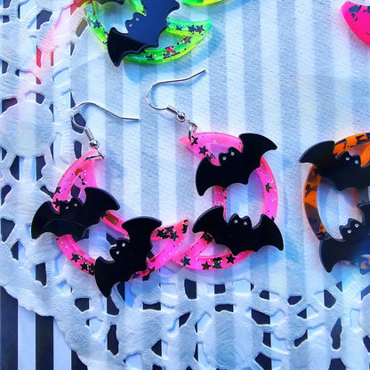 Neon Moon Earrings | Halloween Earrings | Moon Earrings | Bat Earrings | Neon Halloween