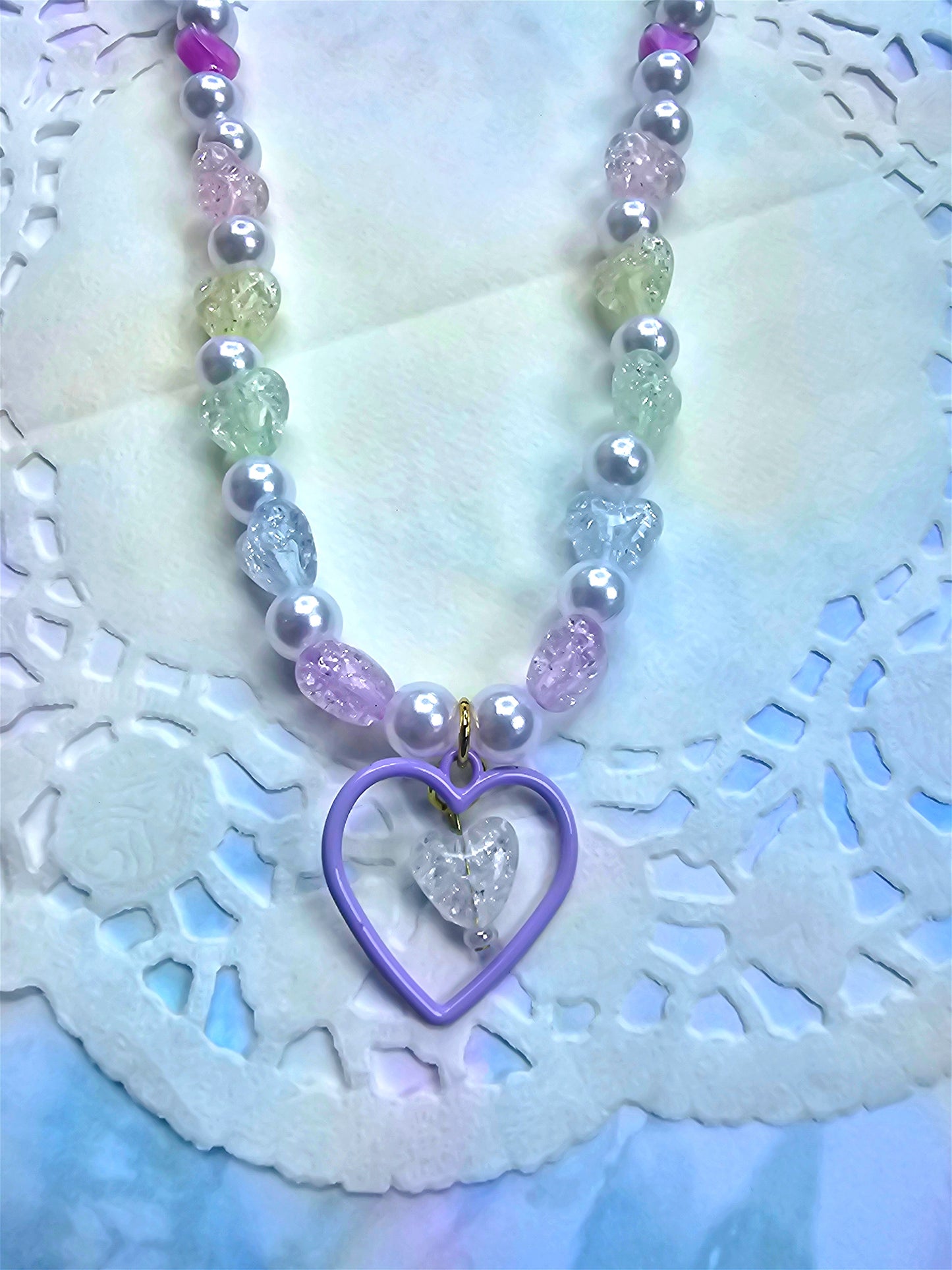 Beaded Heart Necklace | Pastel Rainbow Necklace | Purple Heart Necklace | Fairy Kei Necklace | Decora Kei Necklace