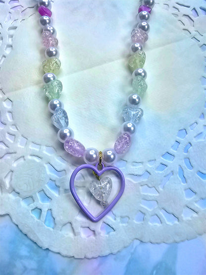Beaded Heart Necklace | Pastel Rainbow Necklace | Purple Heart Necklace | Fairy Kei Necklace | Decora Kei Necklace