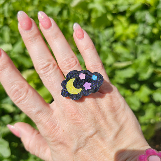 Black Sweet Dreams Ring | Sparkly Black Cloud Ring | Dark Pastel Star Ring | Dark Sweet Lolita Ring | Cloud Ring