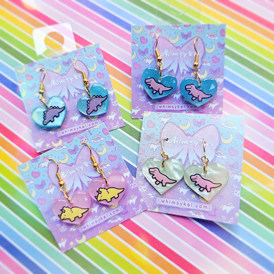 Pastel Dinosaur Earrings | Dino Core | Dino Kei | Kawaii Dinosaurs | Heart Earrings