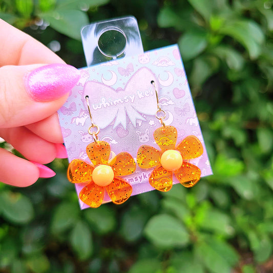 Orange Daisy Earrings | Orange Flower Earrings | Glitter Earrings | Spring Earrings | Summer Earrings