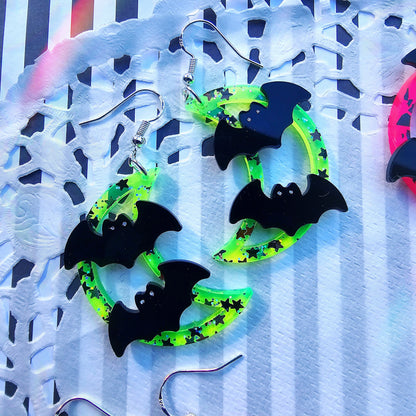 Neon Moon Earrings | Halloween Earrings | Moon Earrings | Bat Earrings | Neon Halloween