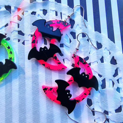 Neon Moon Earrings | Halloween Earrings | Moon Earrings | Bat Earrings | Neon Halloween