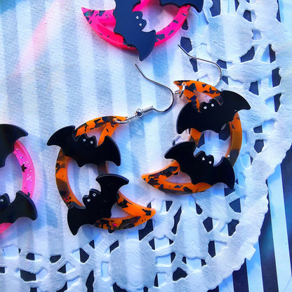 Neon Moon Earrings | Halloween Earrings | Moon Earrings | Bat Earrings | Neon Halloween