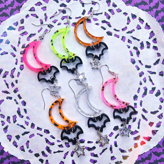 Neon Halloween Shape Earrings | Halloween Earrings | Moon Earrings | Bat Earrings | Gothic Halloween