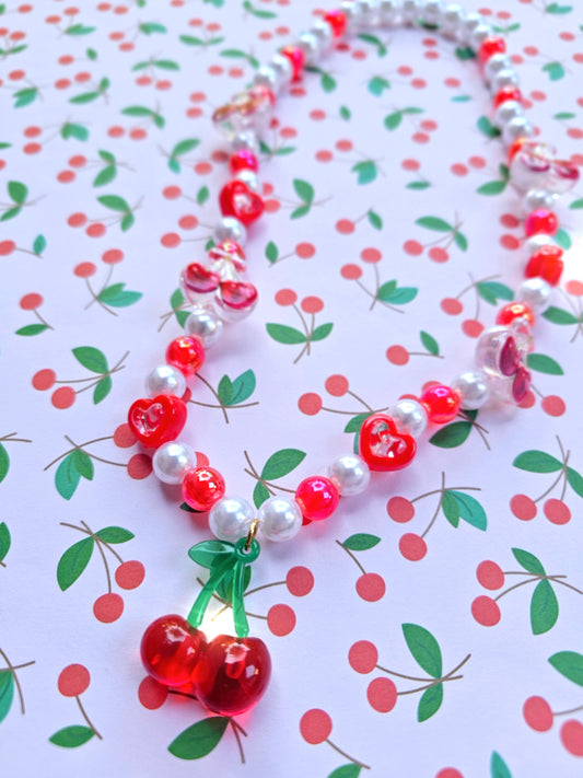 Beaded Cherry Necklace | Pastel Red Necklace | Red Heart Necklace | Cottage Core Necklace | Classic Lolita Necklace