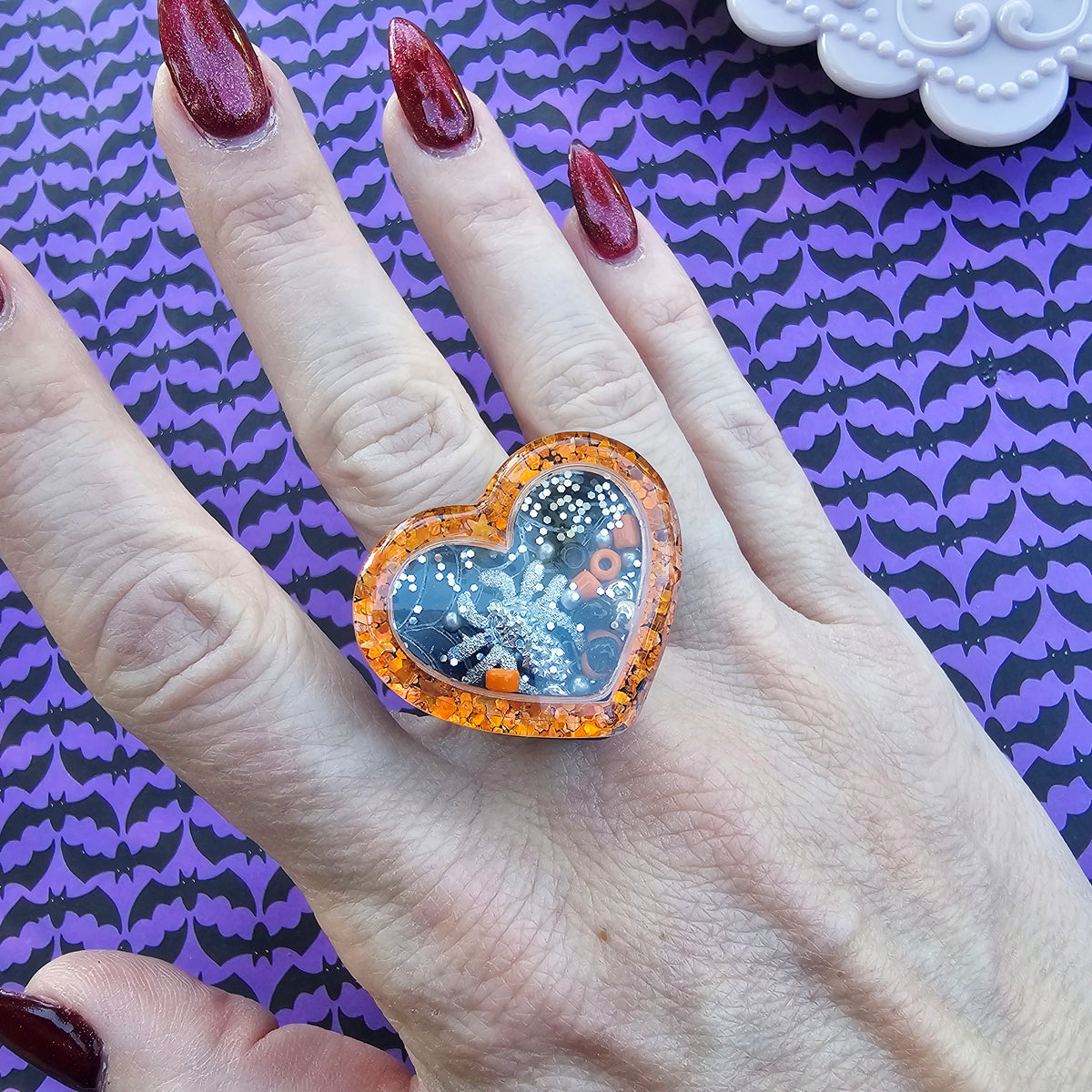 Halloween Heart Shaker Ring | Gothic Heart Ring | Glitter Halloween Ring | Goth Ring | Gothic Lolita Ring