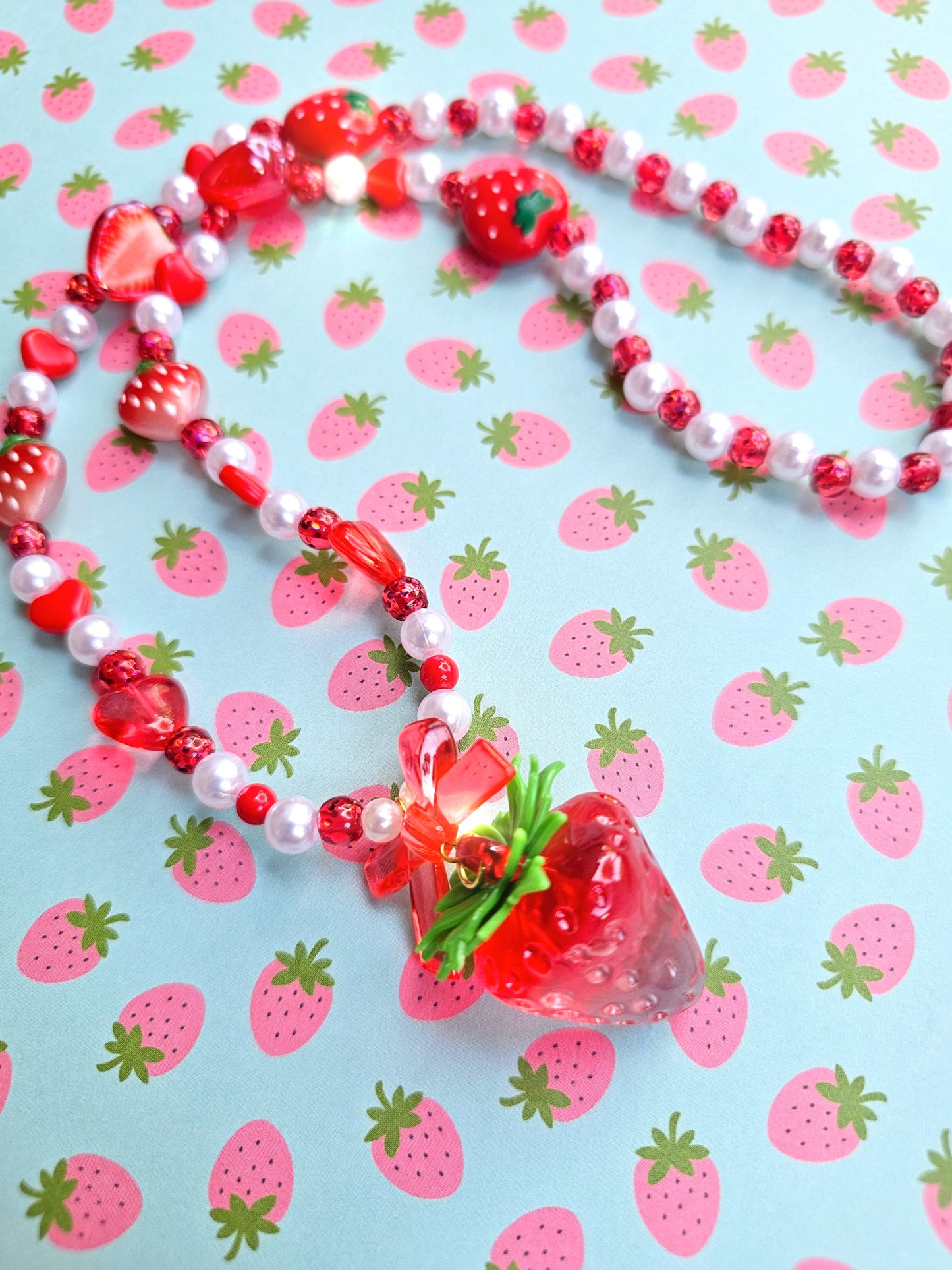 Beaded Strawberry Necklace | Pastel Red Necklace | Red Heart Necklace | Cottage Core Necklace | Classic Lolita Necklace