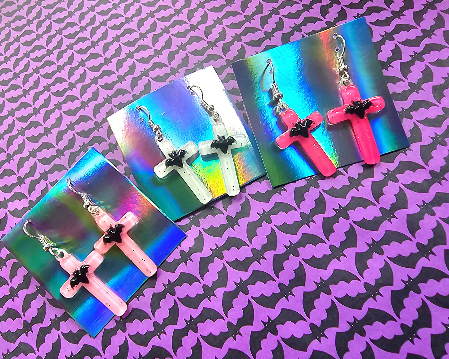 Pastel Cross Earrings | Pastel Goth Earrings | Gothic Lolita Earrings | Bat Earrings | Halloween Earrings | Creepy Kei Earrings
