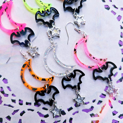 Neon Halloween Shape Earrings | Halloween Earrings | Moon Earrings | Bat Earrings | Gothic Halloween