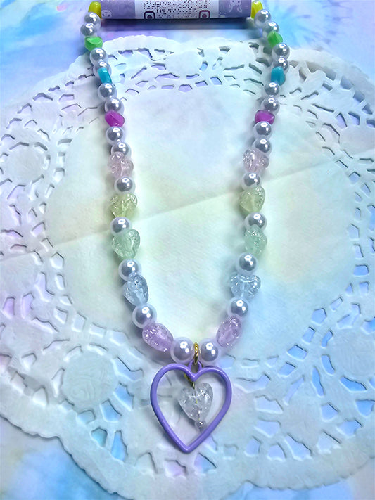 Beaded Heart Necklace | Pastel Rainbow Necklace | Purple Heart Necklace | Fairy Kei Necklace | Decora Kei Necklace