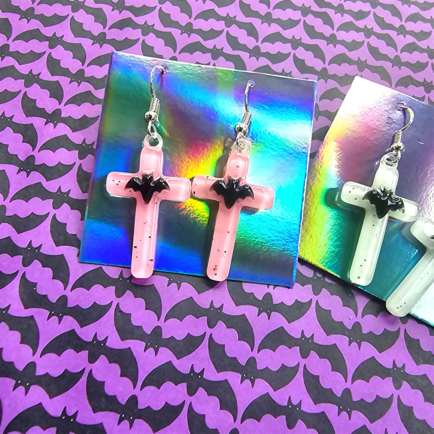 Pastel Cross Earrings | Pastel Goth Earrings | Gothic Lolita Earrings | Bat Earrings | Halloween Earrings | Creepy Kei Earrings