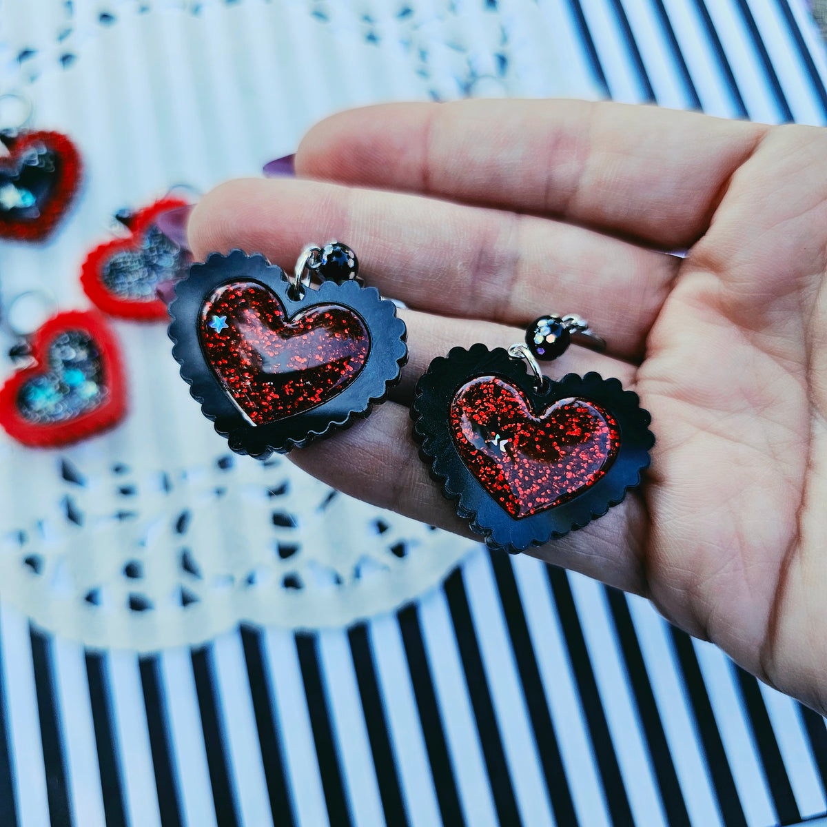 Red Halloween Heart Earrings | Goth Earrings | Gothic Lolita Earrings | Black and Red Heart