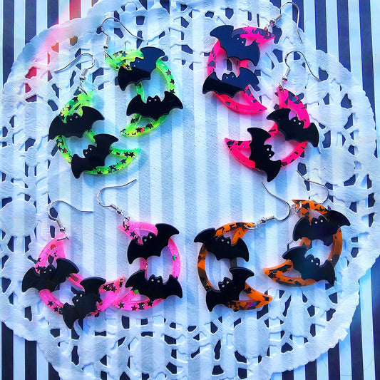 Neon Moon Earrings | Halloween Earrings | Moon Earrings | Bat Earrings | Neon Halloween